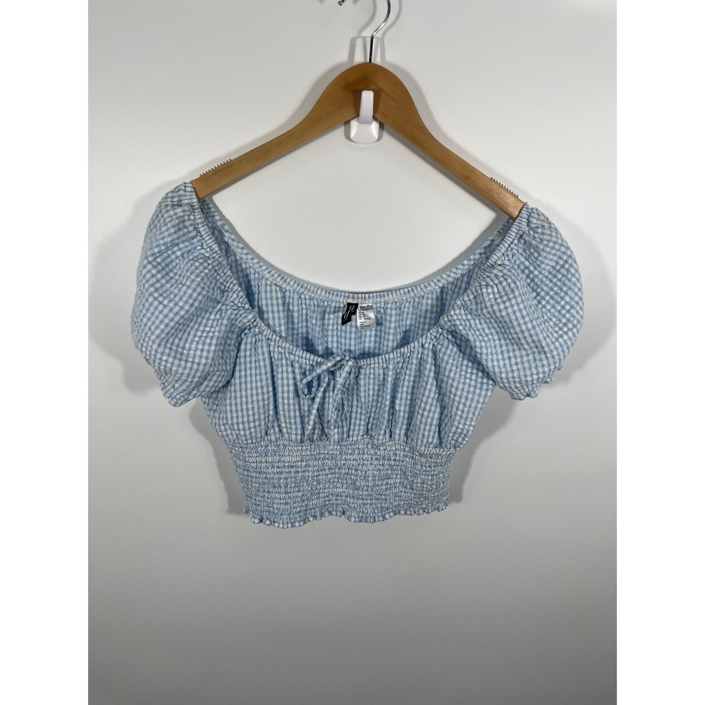 Womens Milkmaid Gingham Top M Blue Puff Sleeve Bow Cottage Forest Fairy‎